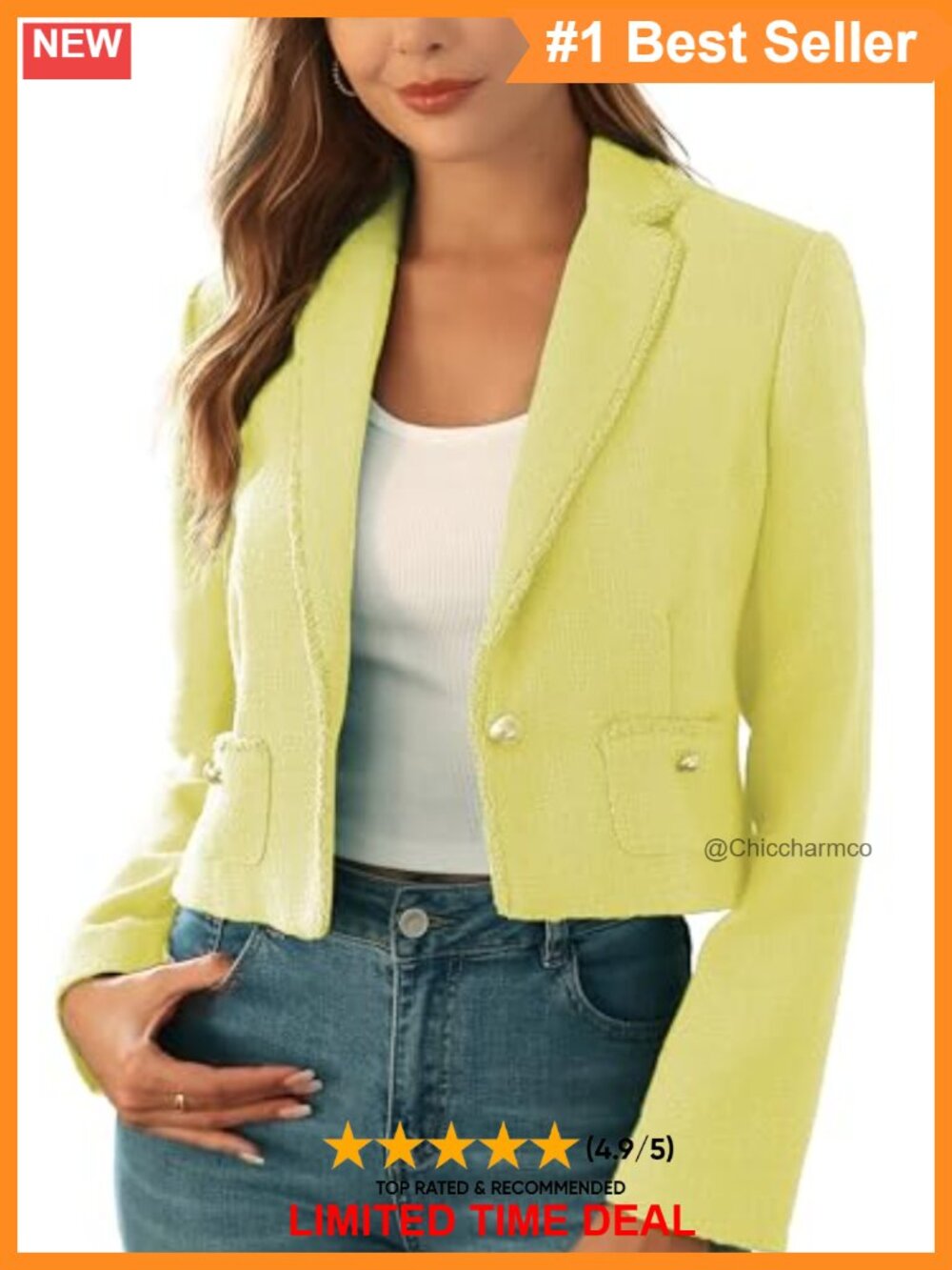 Tweed Cropped Blazer Jacket with Pockets Notch Lapel Fringe